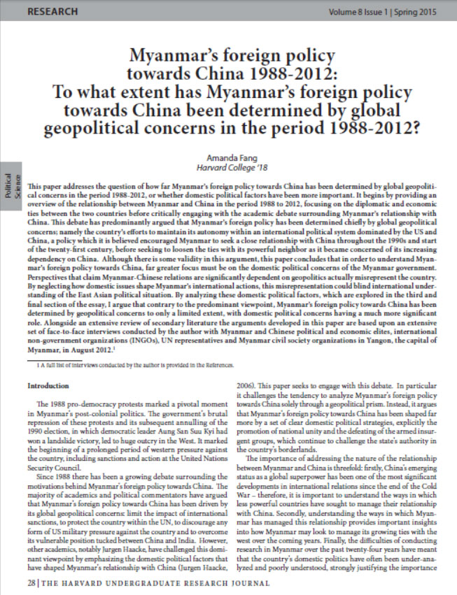 Myanmar’s foreign policy towards China 1988-2012: To what extent has Myanmar’s foreign policy towards China been determined by global geopolitical concerns in the period 1988-2012?