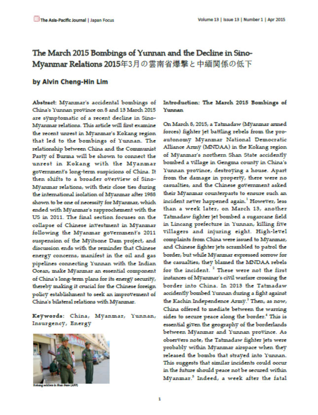 The March 2015 Bombings of Yunnan and the Decline in Sino- Myanmar Relations 2015